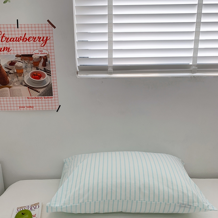 91家纺网 家纺一手货源 找家纺 柚可家居 2024新款水洗棉条纹系列单枕套-系列三 细竖条蓝色