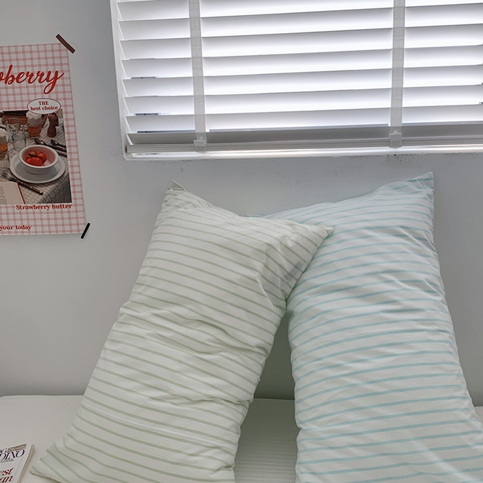 91家纺网 家纺一手货源 找家纺 柚可家居 2024新款水洗棉条纹系列单枕套-系列三 竖条绿色