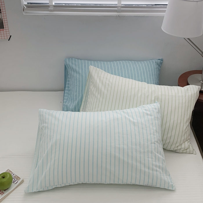 91家纺网 家纺一手货源 找家纺 柚可家居 2024新款水洗棉条纹系列单枕套-系列三 竖条绿色