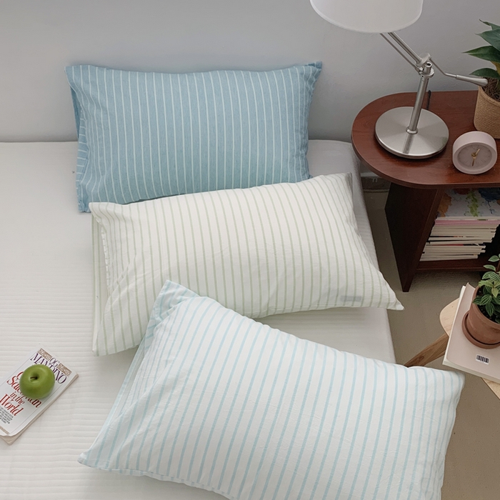 91家纺网 家纺一手货源 找家纺 柚可家居 2024新款水洗棉条纹系列单枕套-系列三 竖条蓝色