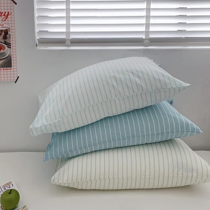 91家纺网 家纺一手货源 找家纺 柚可家居 2024新款水洗棉条纹系列单枕套-系列三 竖条蓝色