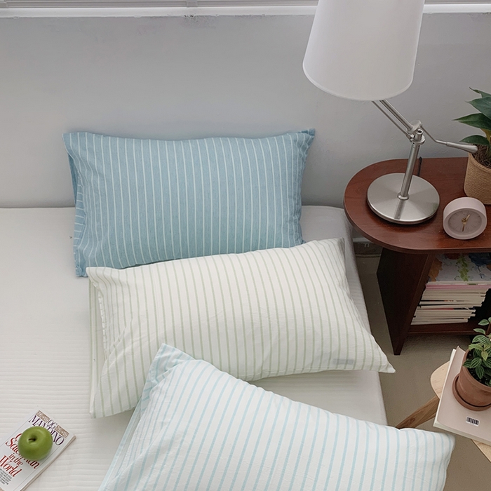 91家纺网 家纺一手货源 找家纺 柚可家居 2024新款水洗棉条纹系列单枕套-系列三 竖条蓝色