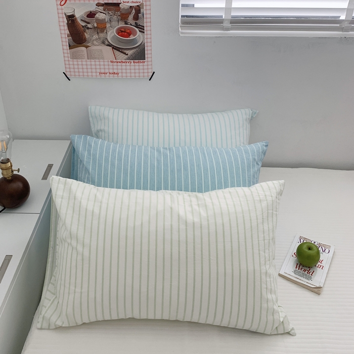 91家纺网 家纺一手货源 找家纺 柚可家居 2024新款水洗棉条纹系列单枕套-系列三 竖条蓝色