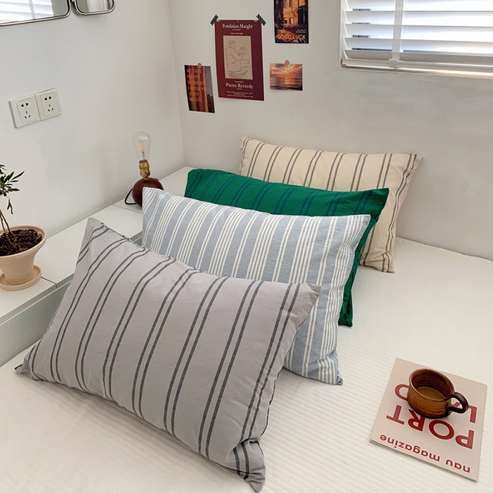 91家纺网 家纺一手货源 找家纺 柚可家居 2024新款水洗棉条纹系列单枕套-系列一 灰竖条纹