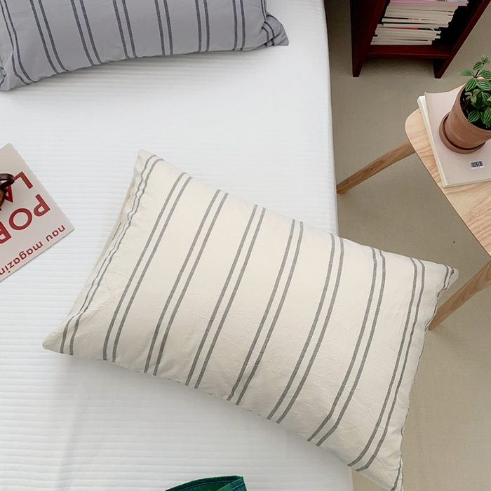 91家纺网 家纺一手货源 找家纺 柚可家居 2024新款水洗棉条纹系列单枕套-系列一 卡其竖条纹