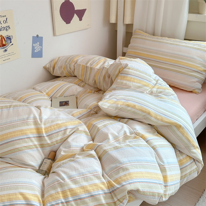 91家纺网 家纺一手货源 找家纺 北欧良品 2025新款A 类 AA版色织水洗棉 学生上下铺三件套 梦境黄