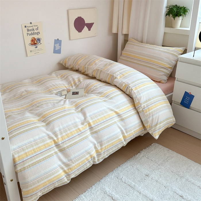 91家纺网 家纺一手货源 找家纺 北欧良品 2025新款A 类 AA版色织水洗棉 学生上下铺三件套 梦境黄