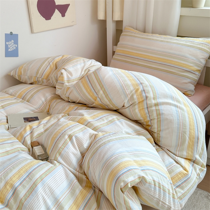 91家纺网 家纺一手货源 找家纺 北欧良品 2025新款A 类 AA版色织水洗棉 学生上下铺三件套 梦境黄