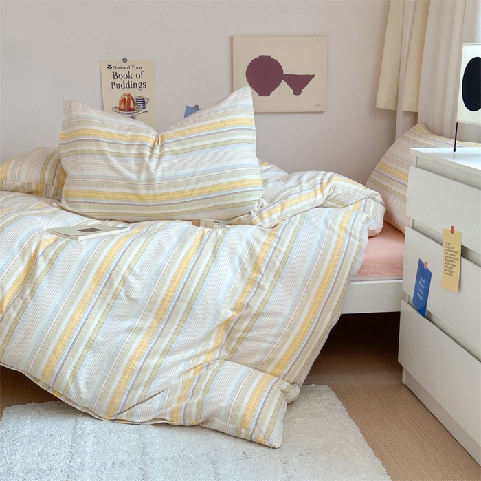 91家纺网 家纺一手货源 找家纺 北欧良品 2025新款A 类 AA版色织水洗棉 学生上下铺三件套 梦境黄