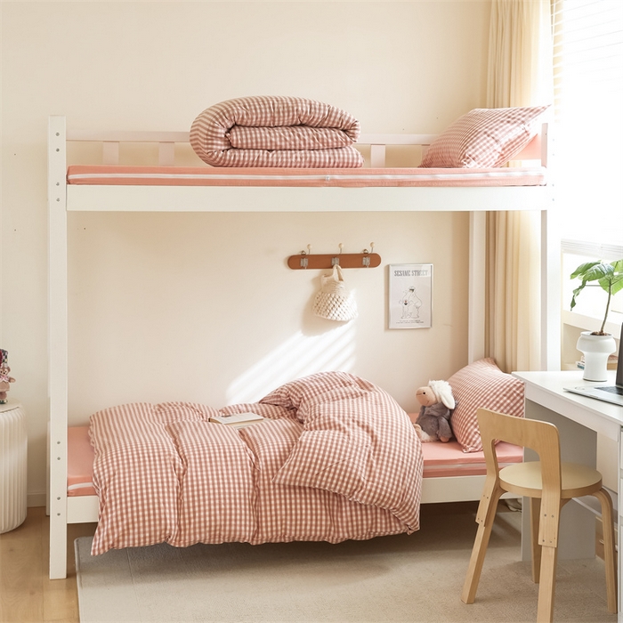 北欧良品 2025新款A 类 AA版色织水洗棉 学生上下铺三件套 蜜粉小格