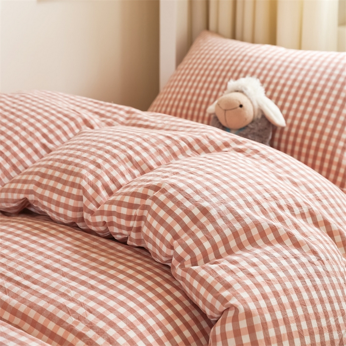91家纺网 家纺一手货源 找家纺 北欧良品 2025新款A 类 AA版色织水洗棉 学生上下铺三件套 蜜粉小格