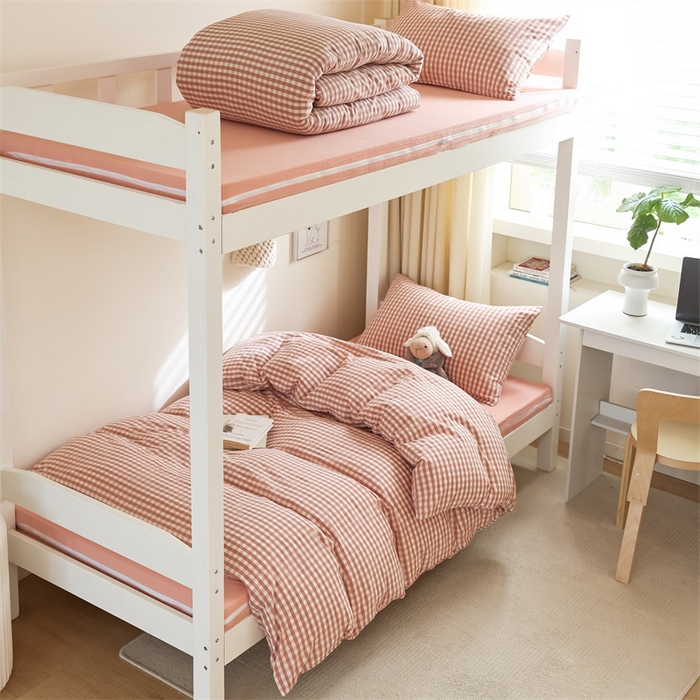 91家纺网 家纺一手货源 找家纺 北欧良品 2025新款A 类 AA版色织水洗棉 学生上下铺三件套 蜜粉小格