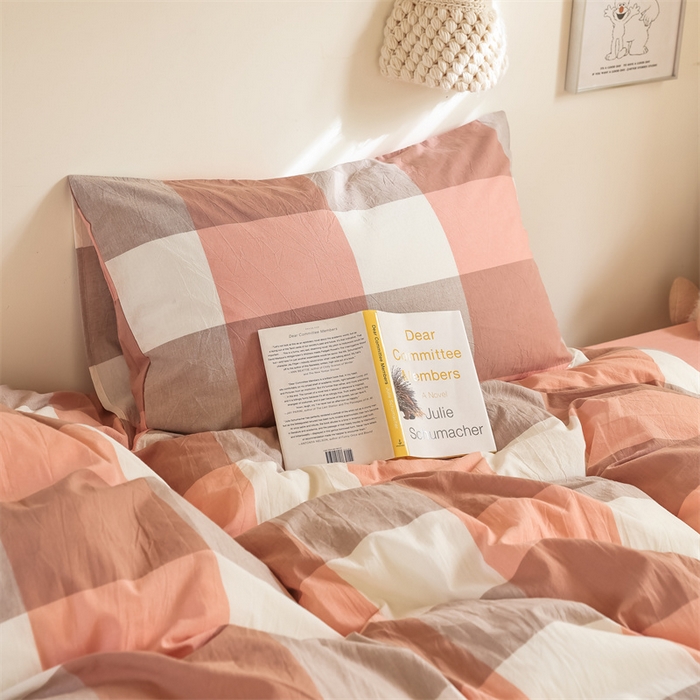 91家纺网 家纺一手货源 找家纺 北欧良品 2025新款A 类 AA版色织水洗棉 学生上下铺三件套 蜜粉大格