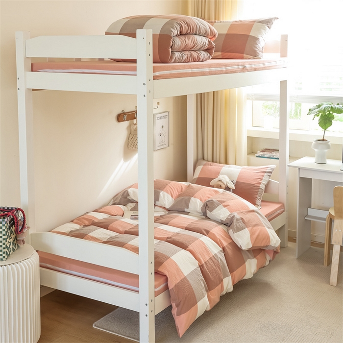 91家纺网 家纺一手货源 找家纺 北欧良品 2025新款A 类 AA版色织水洗棉 学生上下铺三件套 蜜粉大格