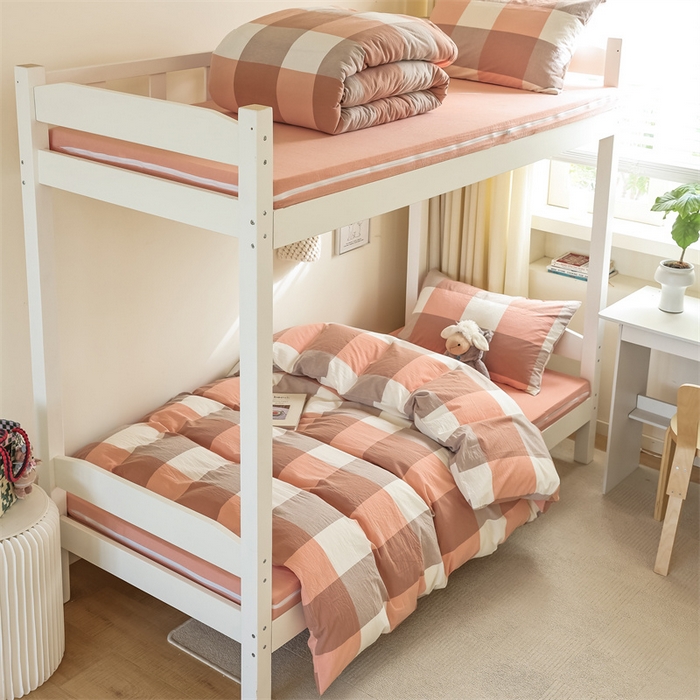 91家纺网 家纺一手货源 找家纺 北欧良品 2025新款A 类 AA版色织水洗棉 学生上下铺三件套 蜜粉大格