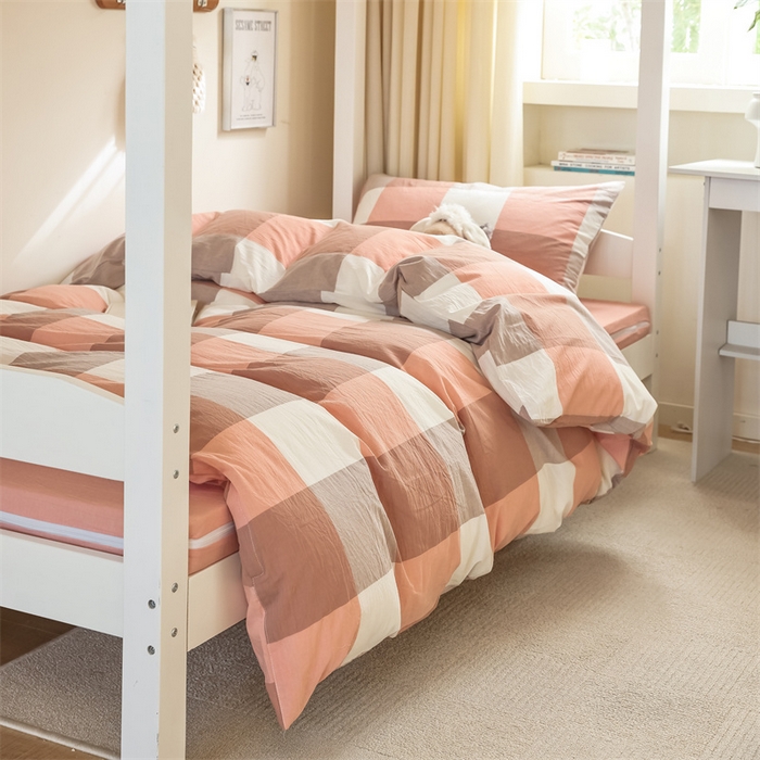 91家纺网 家纺一手货源 找家纺 北欧良品 2025新款A 类 AA版色织水洗棉 学生上下铺三件套 蜜粉大格