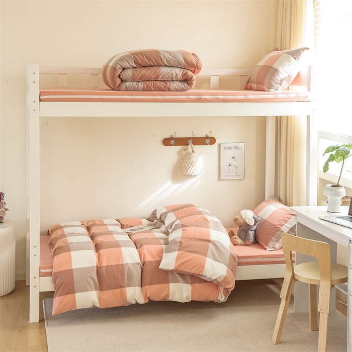 北欧良品 2025新款A 类 AA版色织水洗棉 学生上下铺三件套 蜜粉大格