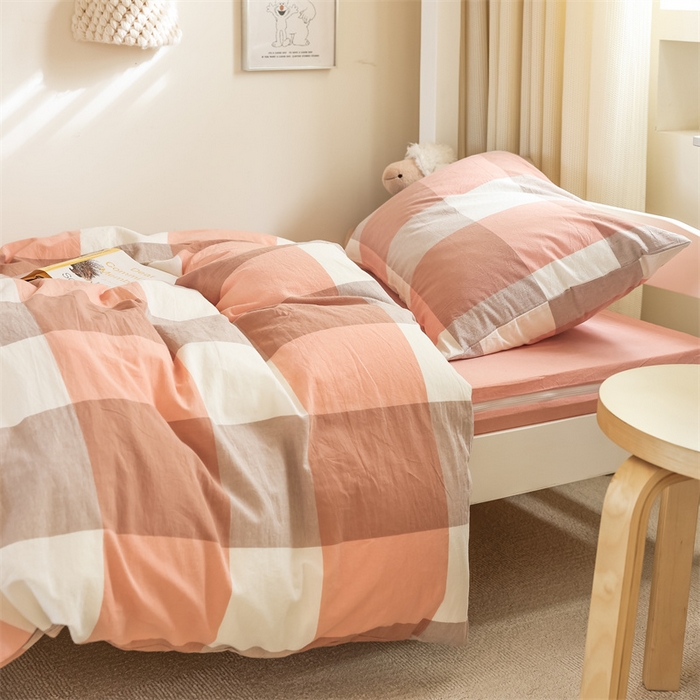 91家纺网 家纺一手货源 找家纺 北欧良品 2025新款A 类 AA版色织水洗棉 学生上下铺三件套 蜜粉大格