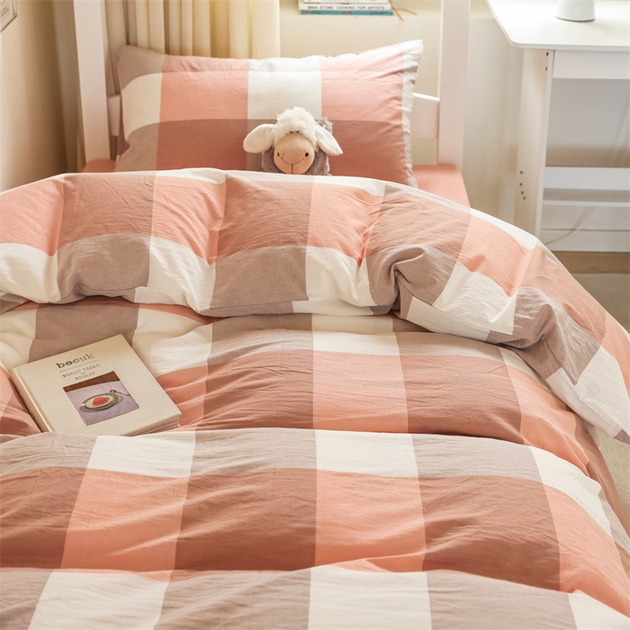 91家纺网 家纺一手货源 找家纺 北欧良品 2025新款A 类 AA版色织水洗棉 学生上下铺三件套 蜜粉大格