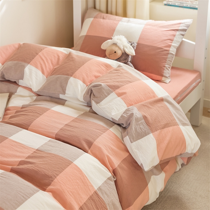 91家纺网 家纺一手货源 找家纺 北欧良品 2025新款A 类 AA版色织水洗棉 学生上下铺三件套 蜜粉大格