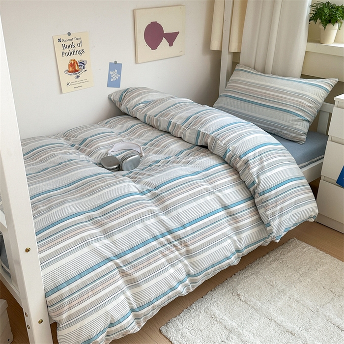 91家纺网 家纺一手货源 找家纺 北欧良品 2025新款A 类 AA版色织水洗棉 学生上下铺三件套 梦境蓝