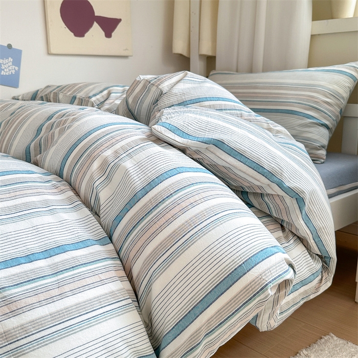 91家纺网 家纺一手货源 找家纺 北欧良品 2025新款A 类 AA版色织水洗棉 学生上下铺三件套 梦境蓝