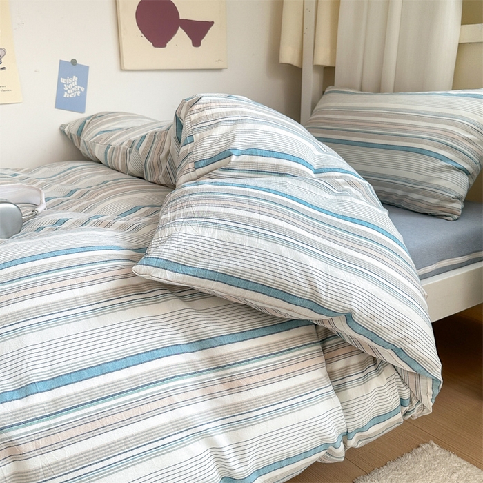 91家纺网 家纺一手货源 找家纺 北欧良品 2025新款A 类 AA版色织水洗棉 学生上下铺三件套 梦境蓝