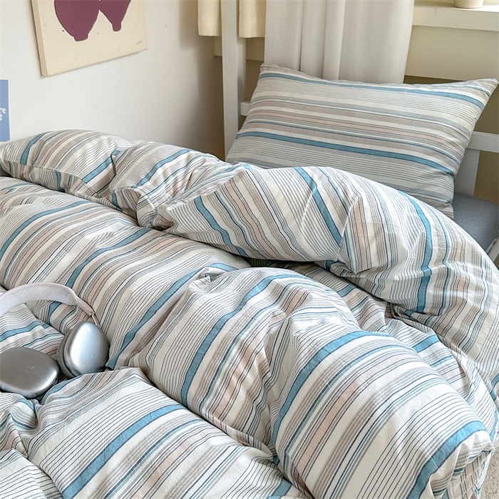91家纺网 家纺一手货源 找家纺 北欧良品 2025新款A 类 AA版色织水洗棉 学生上下铺三件套 梦境蓝