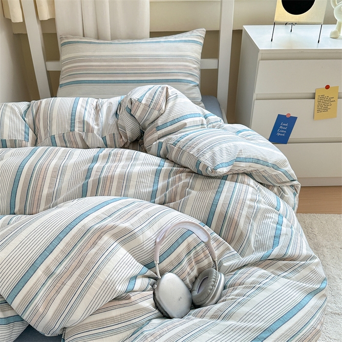 91家纺网 家纺一手货源 找家纺 北欧良品 2025新款A 类 AA版色织水洗棉 学生上下铺三件套 梦境蓝