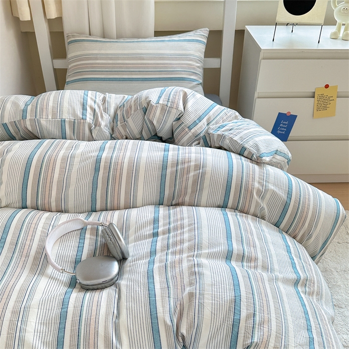 91家纺网 家纺一手货源 找家纺 北欧良品 2025新款A 类 AA版色织水洗棉 学生上下铺三件套 梦境蓝