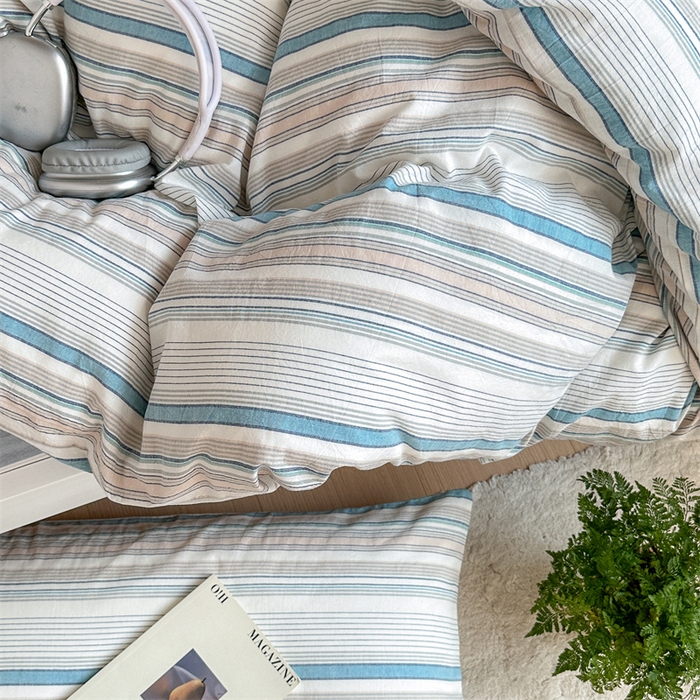 91家纺网 家纺一手货源 找家纺 北欧良品 2025新款A 类 AA版色织水洗棉 学生上下铺三件套 梦境蓝