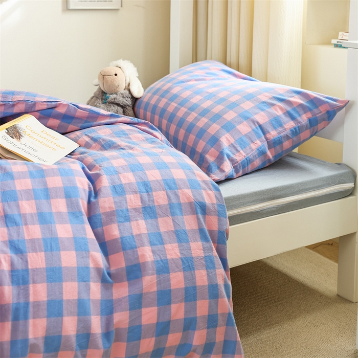 91家纺网 家纺一手货源 找家纺 北欧良品 2025新款A 类 AA版色织水洗棉 学生上下铺三件套 蓝紫中格