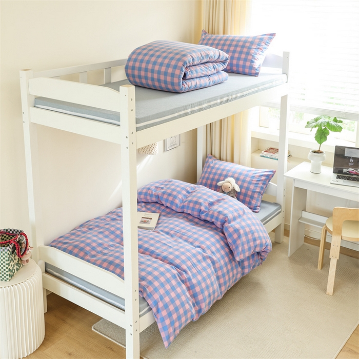 91家纺网 家纺一手货源 找家纺 北欧良品 2025新款A 类 AA版色织水洗棉 学生上下铺三件套 蓝紫中格