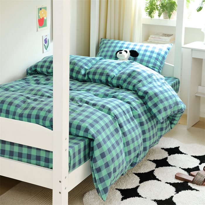 91家纺网 家纺一手货源 找家纺 北欧良品 2025新款A 类 AA版色织水洗棉 学生上下铺三件套 蓝绿中格-AA