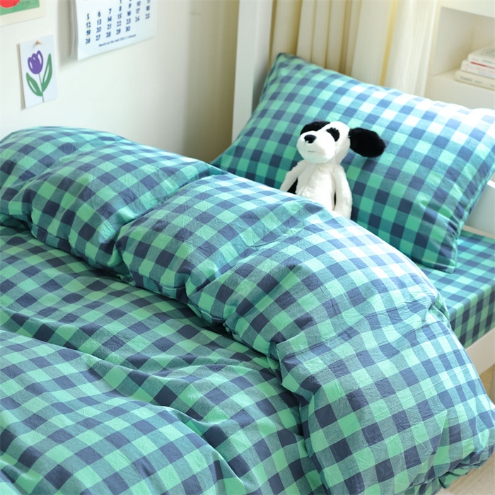 91家纺网 家纺一手货源 找家纺 北欧良品 2025新款A 类 AA版色织水洗棉 学生上下铺三件套 蓝绿中格-AA