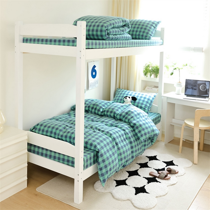 91家纺网 家纺一手货源 找家纺 北欧良品 2025新款A 类 AA版色织水洗棉 学生上下铺三件套 蓝绿中格-AA