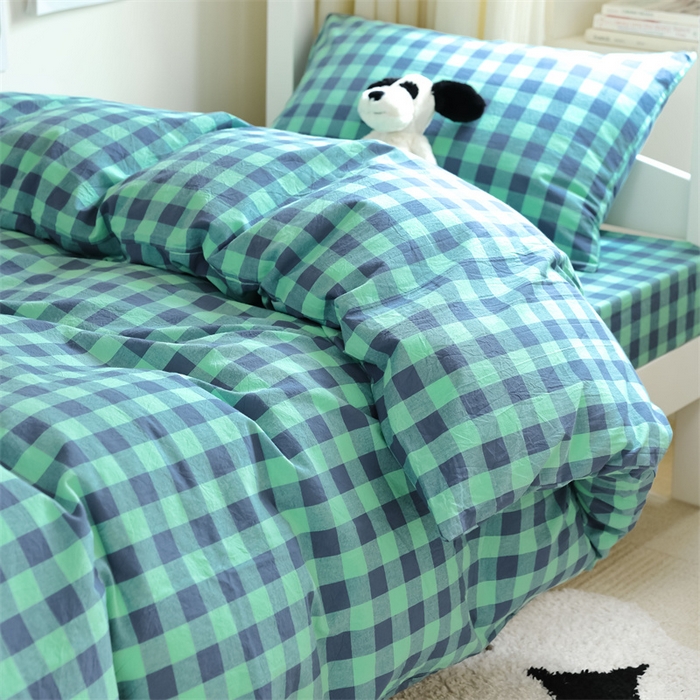 91家纺网 家纺一手货源 找家纺 北欧良品 2025新款A 类 AA版色织水洗棉 学生上下铺三件套 蓝绿中格-AA