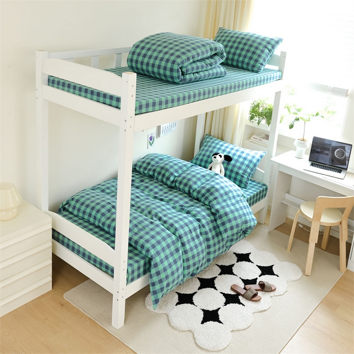 91家纺网 家纺一手货源 找家纺 北欧良品 2025新款A 类 AA版色织水洗棉 学生上下铺三件套 蓝绿中格-AA