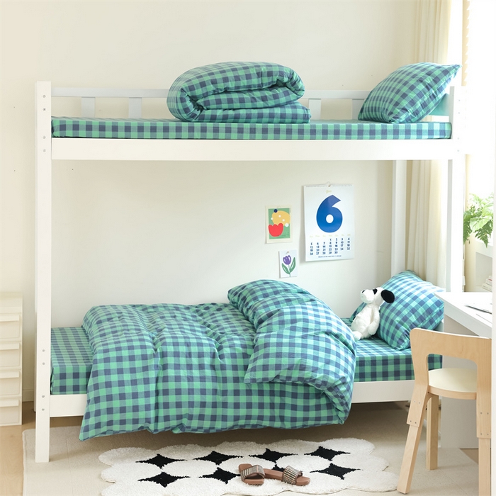 北欧良品 2025新款A 类 AA版色织水洗棉 学生上下铺三件套 蓝绿中格-AA