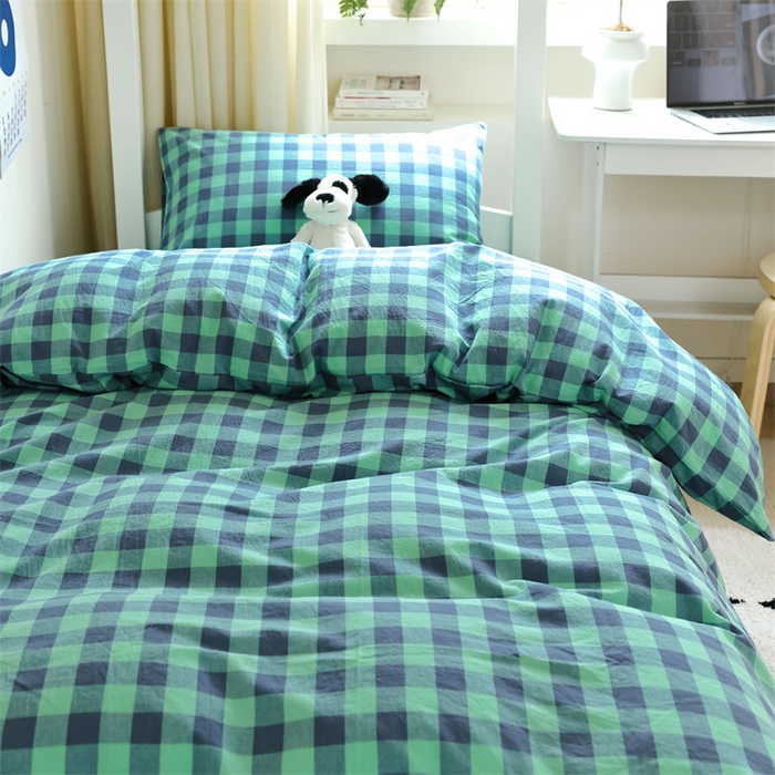 91家纺网 家纺一手货源 找家纺 北欧良品 2025新款A 类 AA版色织水洗棉 学生上下铺三件套 蓝绿中格-AA