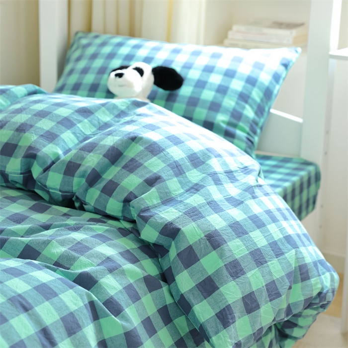 91家纺网 家纺一手货源 找家纺 北欧良品 2025新款A 类 AA版色织水洗棉 学生上下铺三件套 蓝绿中格-AA