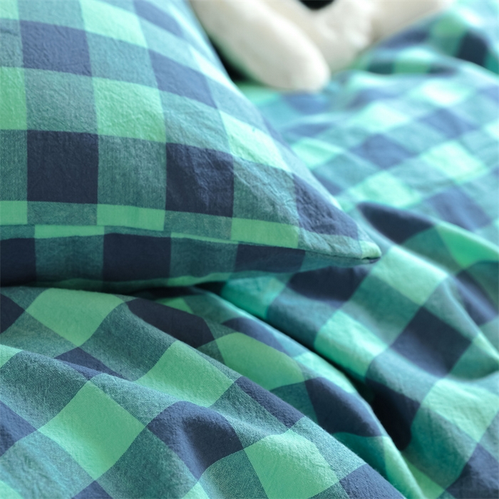 91家纺网 家纺一手货源 找家纺 北欧良品 2025新款A 类 AA版色织水洗棉 学生上下铺三件套 蓝绿中格-AA