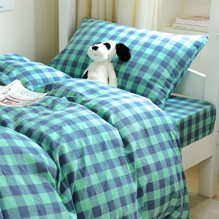 91家纺网 家纺一手货源 找家纺 北欧良品 2025新款A 类 AA版色织水洗棉 学生上下铺三件套 蓝绿中格-AA