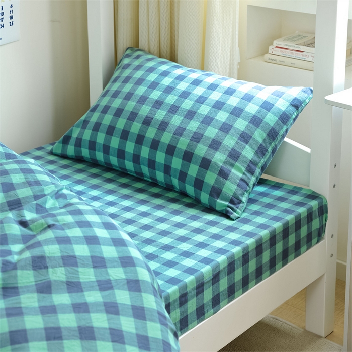 91家纺网 家纺一手货源 找家纺 北欧良品 2025新款A 类 AA版色织水洗棉 学生上下铺三件套 蓝绿中格-AA