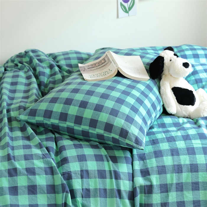 91家纺网 家纺一手货源 找家纺 北欧良品 2025新款A 类 AA版色织水洗棉 学生上下铺三件套 蓝绿中格-AA