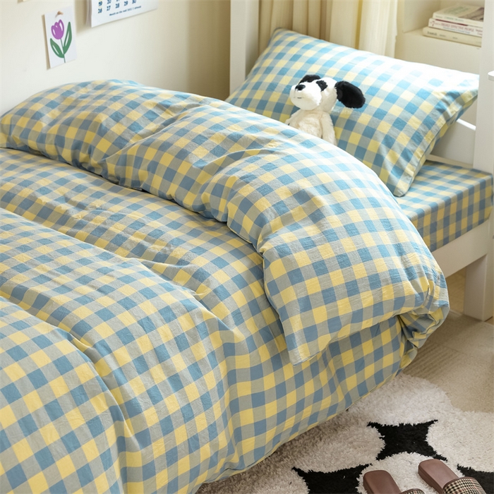 91家纺网 家纺一手货源 找家纺 北欧良品 2025新款A 类 AA版色织水洗棉 学生上下铺三件套 蓝黄中格-AA