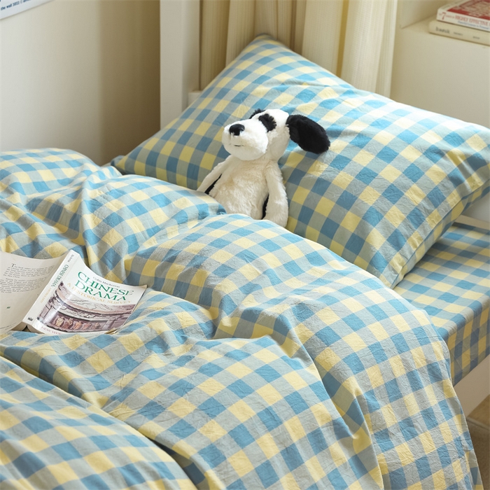 91家纺网 家纺一手货源 找家纺 北欧良品 2025新款A 类 AA版色织水洗棉 学生上下铺三件套 蓝黄中格-AA