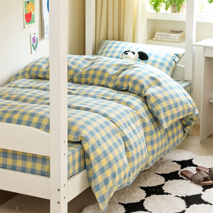 91家纺网 家纺一手货源 找家纺 北欧良品 2025新款A 类 AA版色织水洗棉 学生上下铺三件套 蓝黄中格-AA