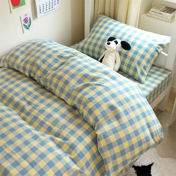 91家纺网 家纺一手货源 找家纺 北欧良品 2025新款A 类 AA版色织水洗棉 学生上下铺三件套 蓝黄中格-AA