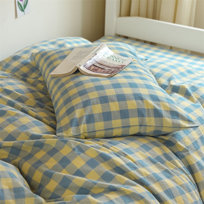91家纺网 家纺一手货源 找家纺 北欧良品 2025新款A 类 AA版色织水洗棉 学生上下铺三件套 蓝黄中格-AA